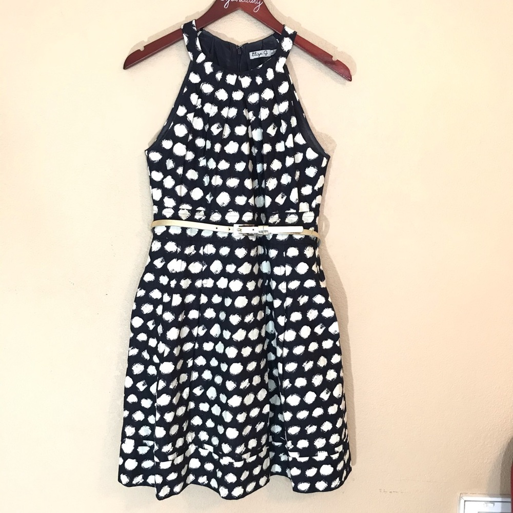 Eliza J gold belted printed sleeveless dress euc